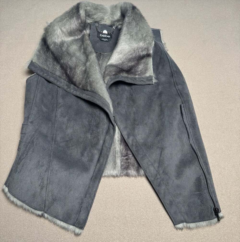 bebe Faux Fur Vest Suede Trim Gray